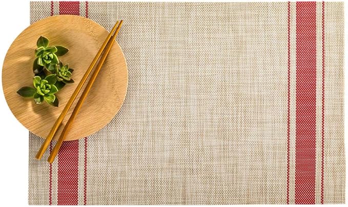Restaurantware French Countryside 16 x 12 Inch Dining Table Placemats Set Of 6 Heat-Tolerant Kitchen Table Mats - Red Stripe No Stain Khaki Vinyl Woven Rectangle Placemats Easy To Clean