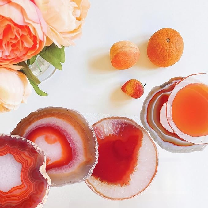 Orange Red Agate Coasters Set of 4 with Rubber Bumpers - Fiery 4-5 Inch Dyed Geode Stone Drink Coasters for Home Bar, Table Decor, Gift