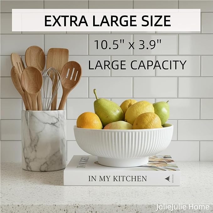 Ceramic Fruit Bowl,10.5" Decorative Bowl, White Fruit Bowl for Kitchen Counter, Purse Bowl, Key Bowl, Kitchen Island Décor, Centerpiece for Dining Table (White)