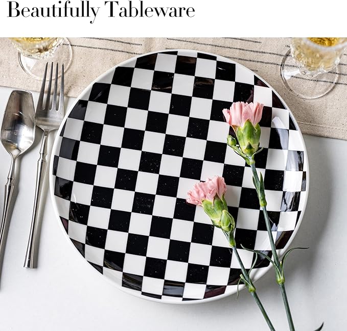 Ceramic Dinner Plates Set of 6-10 Inch Salad Plates, Black and White Checkered Porcelain Dinner Plates Microwave, Oven & Dishwasher Safe, Minimalist Porcelain Dish Set