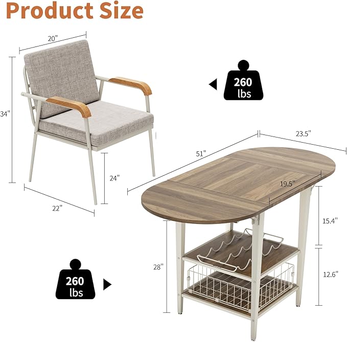 VFK 3 Piece Dining Table Set, 51 Inch Modern Kitchen Folding Breakfast Table with Right Seat Storage Corner Stools and Dining Chairs for Home Dining Room Furniture