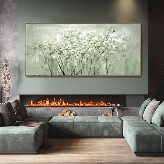 Green and White Floral Wall Art Blossom Canvas Painting Nature-Inspired Artwork Large 40x88 Modern Framed Wall Decor for Living Room Bedroom Office