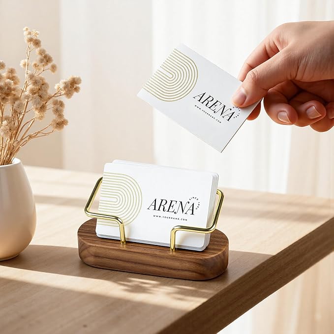 Business Card Holder for Desk, Minimalist Wooden Desk Organizer with Brass Metal Frame, Stylish Office & Home Decor for Professional Card Display(Walnut Oval)