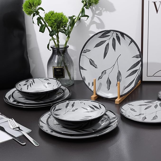 12pcs Melamine Dinnerware Set - Service for 4 Melamine Plates and Bowls Set, Unbreakable Dinner Salad Dessert Plate, Cereal Bowl Set for Indoor/Outdoor, Gray Leaf