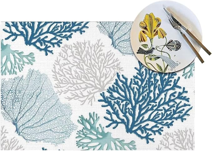 Placemats Set of 4 Nautical Blue Coral Place Mats Coastal Teal Beige Coral Woven Table Mats Washable Ocean Theme PVC Placemat for Dining Kitchen Decor Indoor Outdoor, 12 x 18 Inch