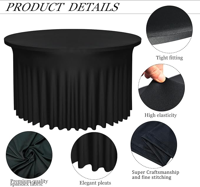 6-Pack 60" Diameter x 30" Height Black Round Table Skirts for 5FT Tables | Wrinkle & Stain Resistant Polyester Spandex Tablecloths with Elastic Fit | Ideal for Weddings, Parties, Banquets, Dining
