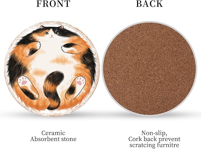 Coasters Absorbent Ceramic Coaster Drink Coasters with Cork Back Pancake Cats Set of 6 Round Coaster Non Slip for Coffee Table Wine Glass Home Bar 4 Inch, Cute