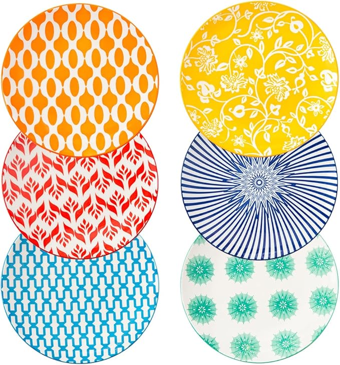Ceramic Dessert Plates Set - Mini 6 Inch Appetizer Plates for Kitchen - Small Salad Plates for Cake Snacks, Side Dishes - Microwave Dishwasher Safe - Wedding Housewarming Gift - Assorted Colors