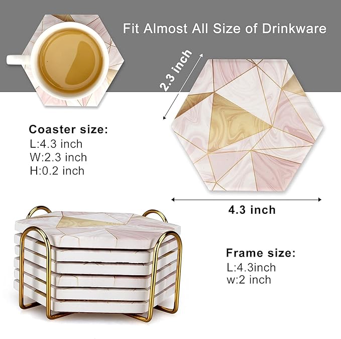6 Pack Pink Marble Coasters with Holder Gold Absorbent Drink Unique Coaster Cute Ceramic Table Coaster Set Funny Kitchen Accessories Decorative Bar Coster Modern Coffee Table Decor Cup Coasters