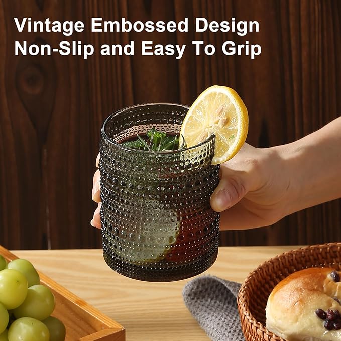 Vintage Hobnail Drinking Glasses Set of 8,Grey 12 oz & 15oz Highball Glass Cups, Kitchen Drinkware Glassware,Embossed Water Tumbler,for Beer,Cocktail,Whiskey,Juice and Various Mixed Drinks