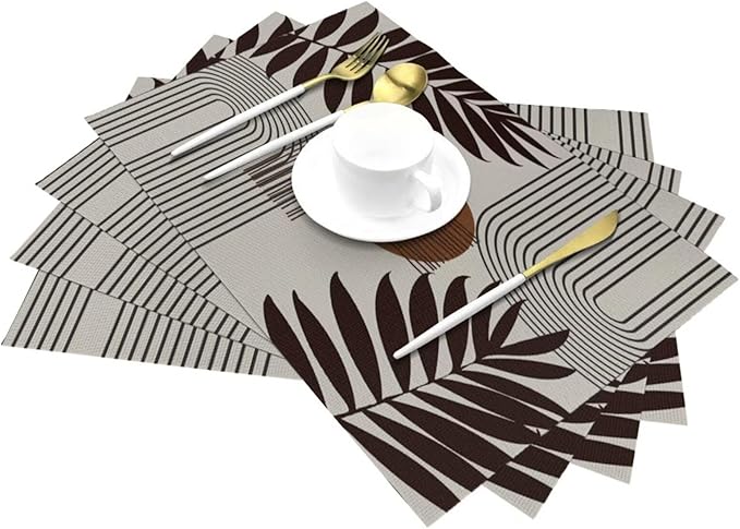 Mid Century Abstract Boho Placemats Geometric Neutral Beige Modern Leaf Plant Semicircle Art Washable Place Mats 12x18Inch for Dining Kitchen Farmhouse Decor 4 PCS