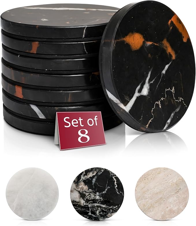 Gusto Nostro Premium Black Gold Marble Coasters Set of 8 - Modern Natural Stone Coasters for Drinks - Solid Marble Kitchen Accessories, Round Artisanal Stone Coaster for Kitchen Counter, Coffee Table