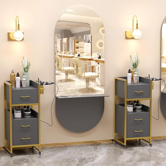 OmySalon Salon Trolley Cart, Hair Styling Station with 3 Drawers, 2 Open Shelf & Tool Holders, Mobile Barber Storage Cabinet Utility Trolley for Beauty Salon Spa, Gery