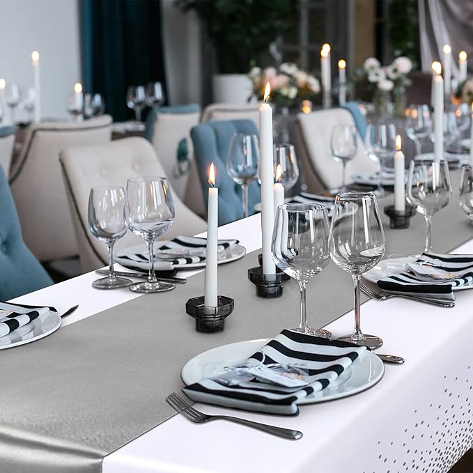 Breling 24 Packs White and Silver Disposable Plastic Tablecloths and Satin Table Runner Set, 54 x 108 Inch Tablecloth, 12 x 108 Inch Table Runners for Wedding Graduation Birthday Baby Shower