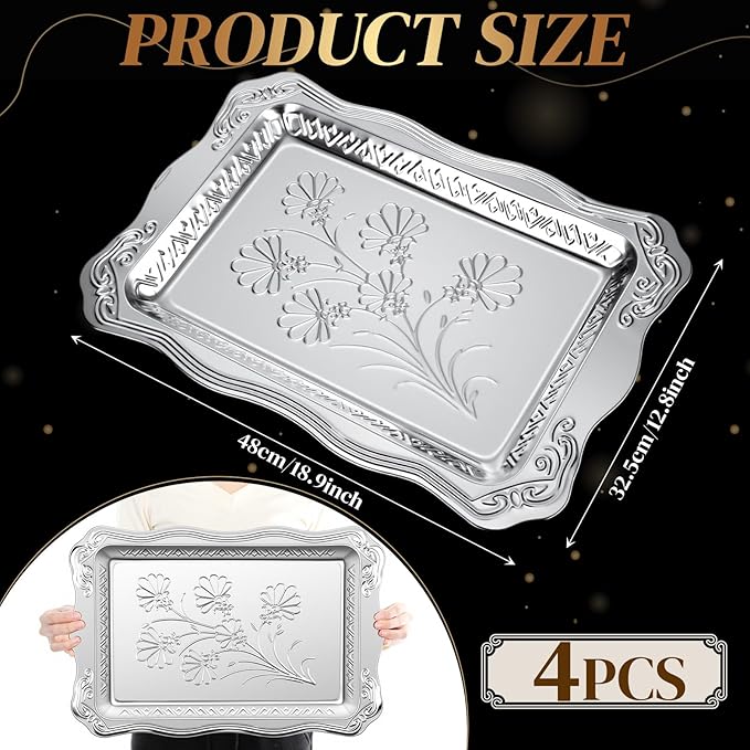 4 Pack 18.9" x 12.8" Large Silver Serving Trays for Dessert Table Stainless Steel Silver Platters Floral Engraved Mirror Serving Platters for Wedding, Cookies, Desserts, Party Food Display