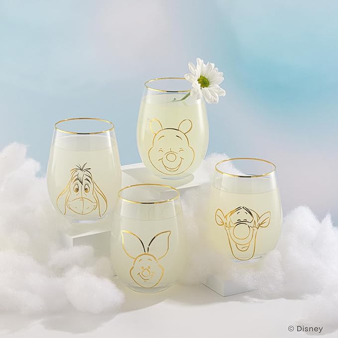 JoyJolt Disney Winnie the Pooh Gold Sketch Stemless Drinking Glasses Set of 4, 19oz Glass Cups ft Pooh Bear Tigger Piglet Eeyore, Disney Kitchen Glassware Set, Winnie the Pooh Adult Gifts