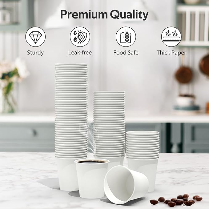 100 Count 6 oz Coffee Cups, Leak-Free Food Safe Paper Cups 6 oz, Disposable 6oz White Paper Cups for Cold and Hot Drinks