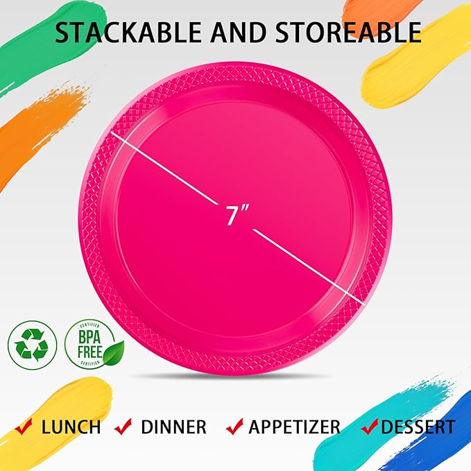 WELLIFE Hot Pink Party Plates 7 Inch -150 Count, Plastic Disposable Dessert Plates for Party Valentine's Day Cake Appetizers Salad Baby Shower Wedding