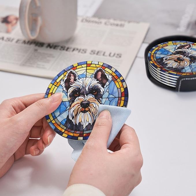 Drink Coaster Set of 6, Schnauzer Dog Mom Lover Gift,Leather Drink Coasters with Holder,6 Pack Cup/Bar/Drink Coasters for Table/Drinks/Coffee Protection Housewarming Gift