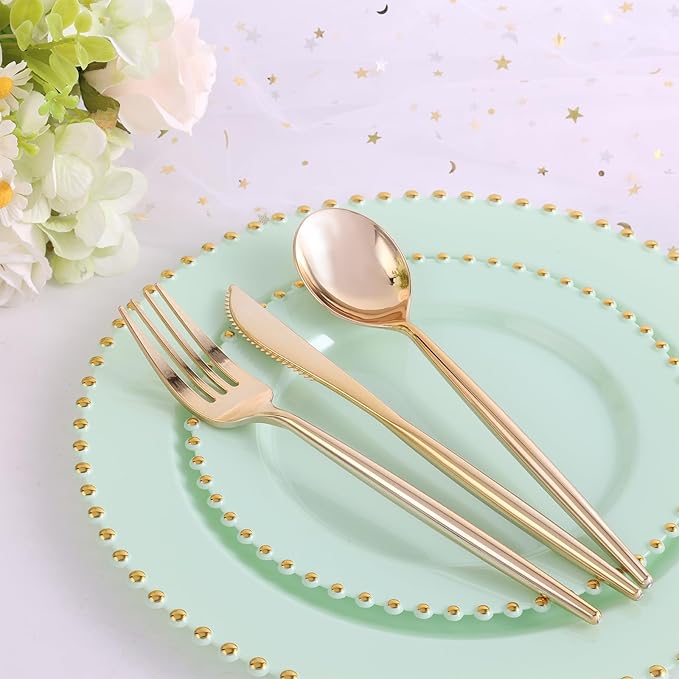EI 60pcs Green Plastic Plates with Gold Rim,Disposable Heavy Duty Sage Green and Gold 10.25" Dinner & 7.5" Dessert Plastic Plate for Birthday,Afternoon Tea,Wedding,Spring,Valentine's Day,Easter