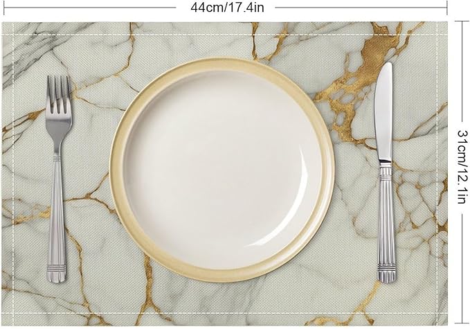 Marble Linen Placemats Set of 2, Modern Abstract Foil Texture White Gold Marble 12x17 Inch Washable Table Mats Non Slip Placemats for Wedding Party Kitchen Banquets Dining Decoration