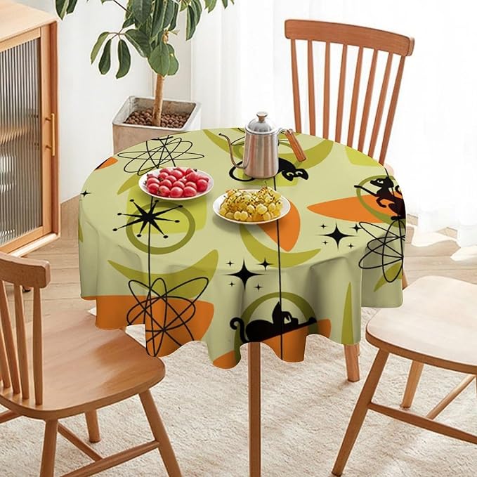Mid Century Black Cat Round Tablecloth, Vintage Modern Bohemian Abstract Geometric Retro Art Tablecloth for Home Party Dining Room Kitchen Decor 36Inch(90cm)