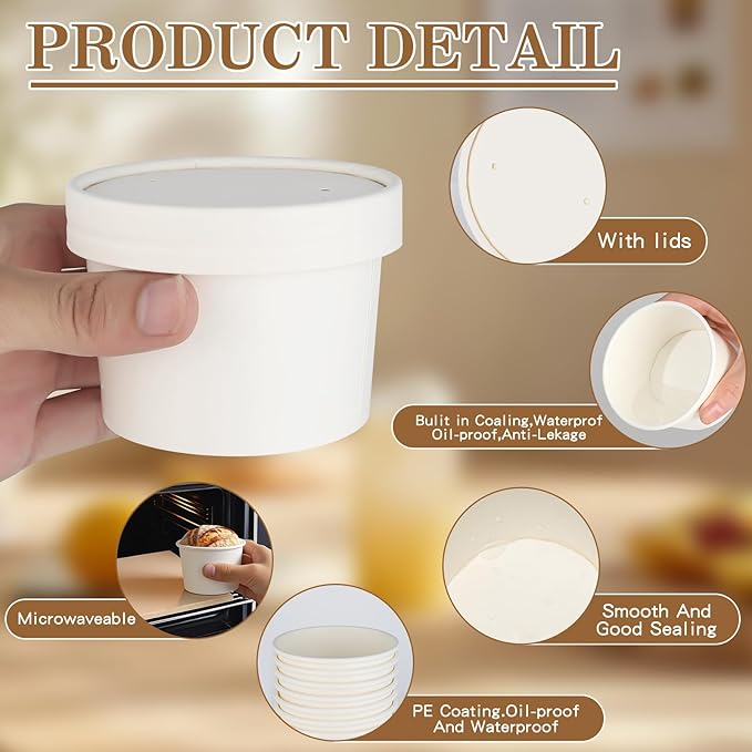 DI QIU REN 8oz Paper Soup Container Cup with Vented Lids, Disposable Paper Food Container Kraft Dessert Bowl Soup Bowls, Microwavable and Freezer Safe for Hot Soup, Ice Cream (100 Pcs - White, 8 oz)
