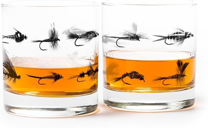 Black Lantern Fly Fishing Whiskey Glasses Set of 2 – 11oz Rock Tumblers with Screen-Printed Fly Patterns – Premium Bourbon & Scotch Barware for Fishermen and Outdoor Enthusiasts