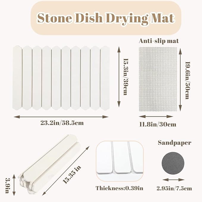Large Stone Drying Mat for Kitchen Counter, Collapsible Dish Drying Mat Quick Drying Super Absorbent Diatomaceous Earth Mat, Drain Pad for Dishes Bottles Cups Match Any Countertop 24" x 16"