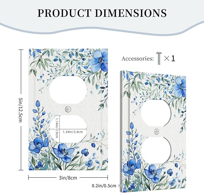 Outlet Covers Blue Watercolor Flowers Retro Floral Leaves 1 Gang Duplex Light Switch Cover Plate Decorative Wall Plates Electrical Switchplate Receptacle for Bathroom Bedroom Decor（2 Pack）