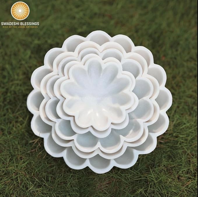 SWADESHI BLESSINGS HandCrafted Marble Decorative Bowl | White Ruffle Scalloped Fluted Key/Fruit Ring Dish | Organic Modern Home Decor (7 Inches)