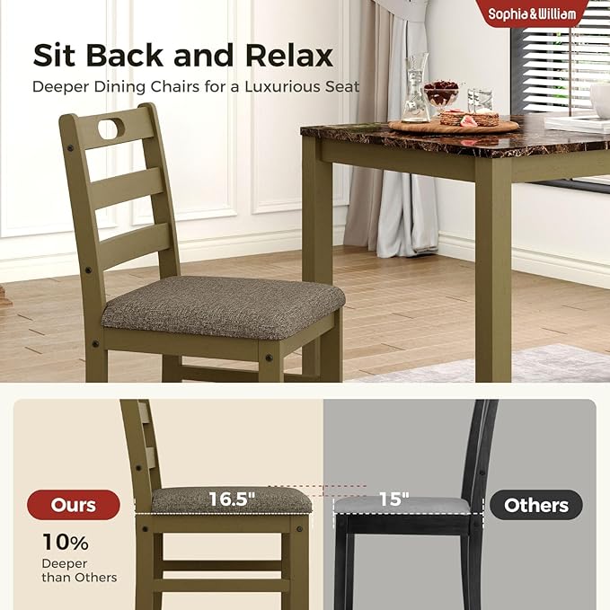Sophia & William 5 Piece Dining Table Set for 4, Faux Marble Kitchen Table and Chairs Set, Solid Wood Farmhouse Dinner Table Set,Emperador Dark Marble & Olive