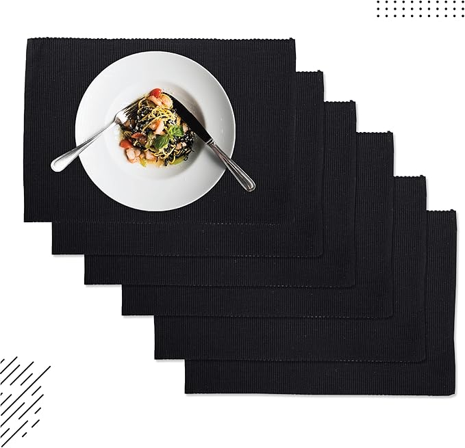 Encasa XO Dining Placemat Set of 6 | Solid Black Color | Fine Ribbed Cotton Table mat | Size 19x13 in | Machine Washable