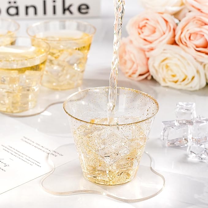Goodluck 9 oz 100 PCS Gold Glitter Plastic Cups, Disposable Glitter Cups, Elegant Plastic Cocktail Glasses, Fancy Party Cups for Wedding, Birthday, Holiday