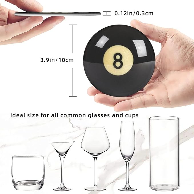 Black 8 Billiard Coasters for Drinks with Holder Round Leather Coasters Set of 6 Cups Mugs Mat Pad for Home Kitchen Bar