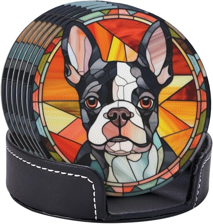 Drink Coaster Set of 6, Boston Terrier Dog Mom Lover Gift,Leather Drink Coasters with Holder,6 Pack Cup/Bar/Drink Coasters for Table/Drinks/Coffee Protection Housewarming Gift