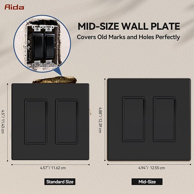 AIDA 2-Gang Decorative Wall Plates, 4.88" H x 4.94" L - Unbreakable Thermoplastic Faceplate Cover for Outlets and Switches, UL Listed - (10 Pack, Matte Black)