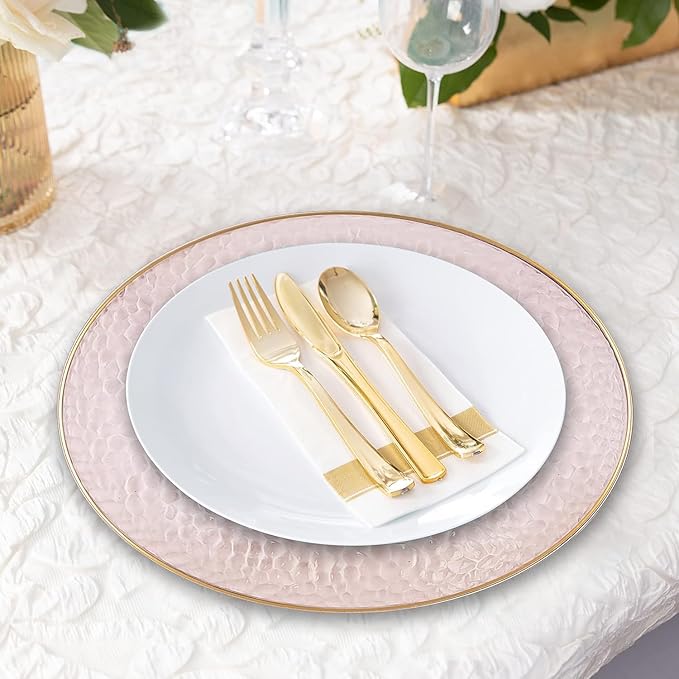 PARTY BARGAINS 13-Inch Charger Plates - 8 Pack, Hammered Pink Gold Rim, Heavy-Duty Disposable Chargers for Elegant Dining - Ideal for Weddings and Formal Events