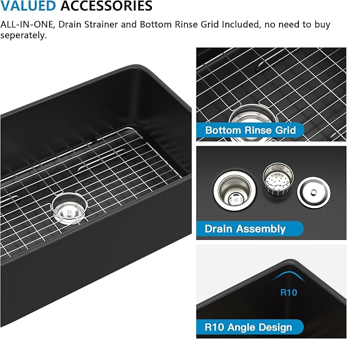 33"x20" Black Farmhouse Sink – Flat Apron Front Matte Black Porcelain Ceramic Fireclay Deep Single Bowl Farm Kitchen Sink Basin