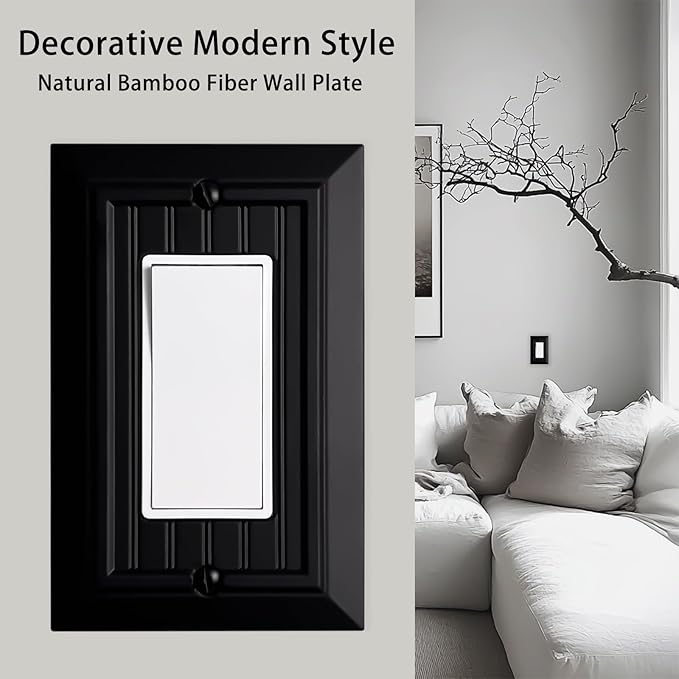 Beadboard Outlet Covers Wall Plates, Bamboo Fiber Light Switch Covers, Natural Material Electric Receptacle Decorative Switch Plate Outlet Cover Matte Black (1 Gang Decorator 4 Pack)