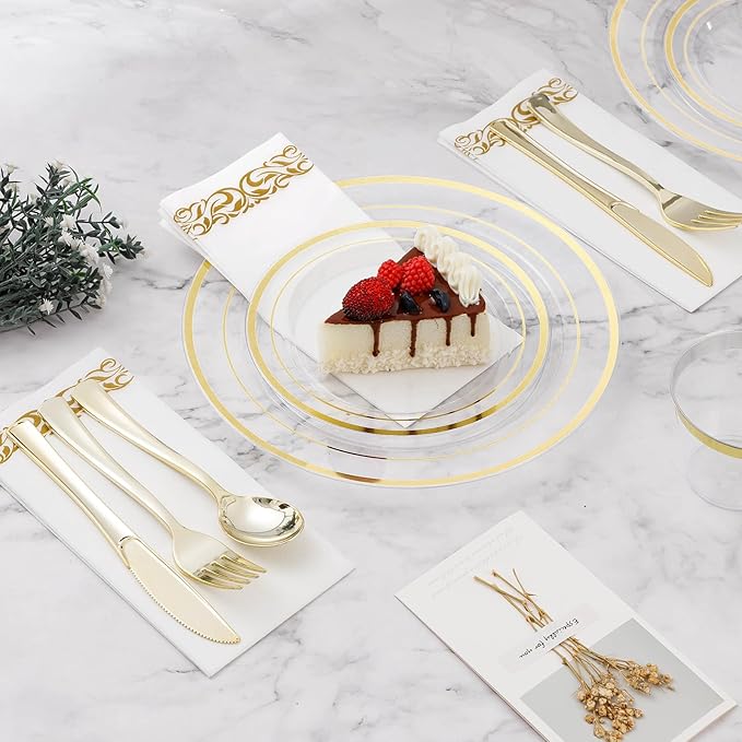 BESTVIP 700PCS Clear Gold Disposable Dinnerware Set for 100 Guests, Plastic Plates for Party, Wedding, Christmas, Include: 200 Plastic Plates, 100 Gold Silverware, 100 Cups, 100 Napkins