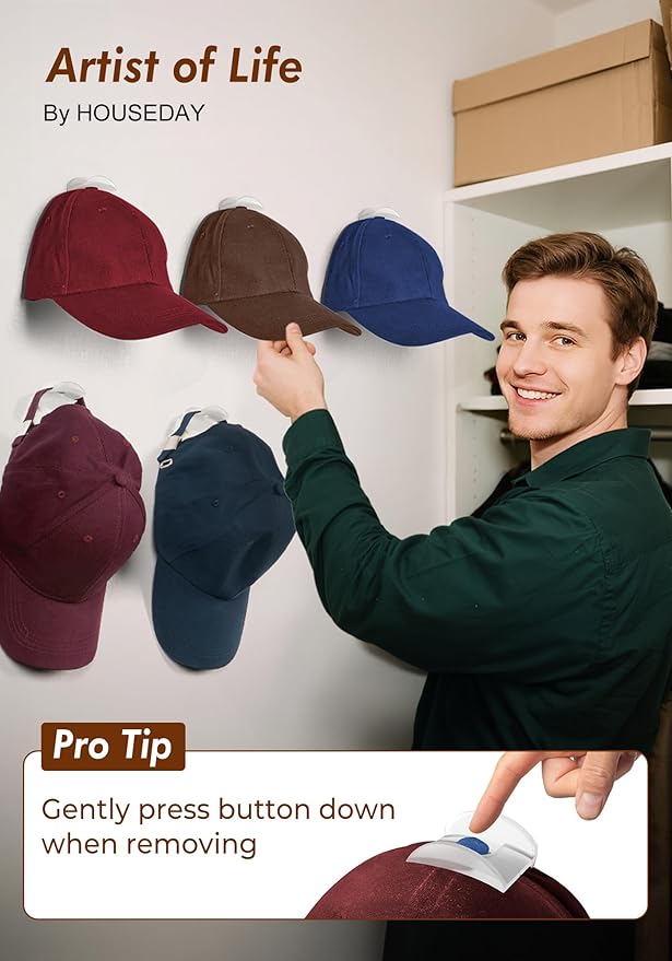 HOUSE DAY Adhesive Hat Hooks for Wall 16 Pack, Strong Hat Rack for Baseball Cap Display Organizer, Hats Hangers Holder for Wall, Door, Closet, No Drilling, Translucent