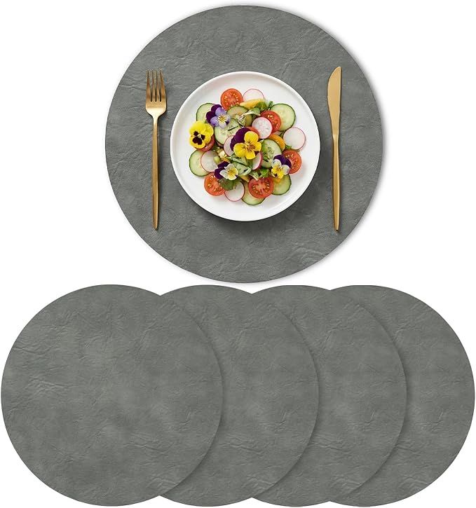Artoid Mode Grey Faux Leather Placemats Set of 4, 15 Inch Waterproof Wipeable Heat Resistant Vinyl Place Mats, Reversible Table Mats for Winter Kitchen Dining Decor