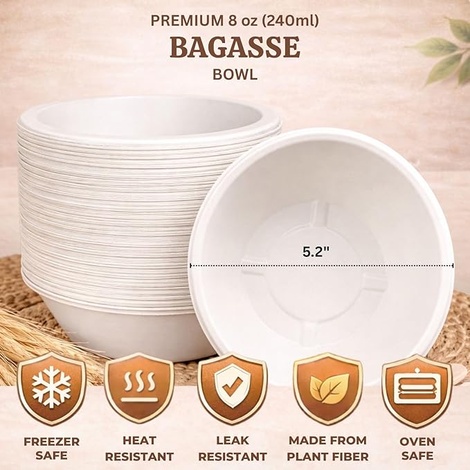 8oz Compostable Paper Bowls, Heavy-Duty Eco-Friendly Bagasse Bowl, Biodegradable & Heat-Resistant for Hot & Cold Foods, Soups, Dessert, Salads, Ice Cream, Pasta, Snacks, 1000 Pack