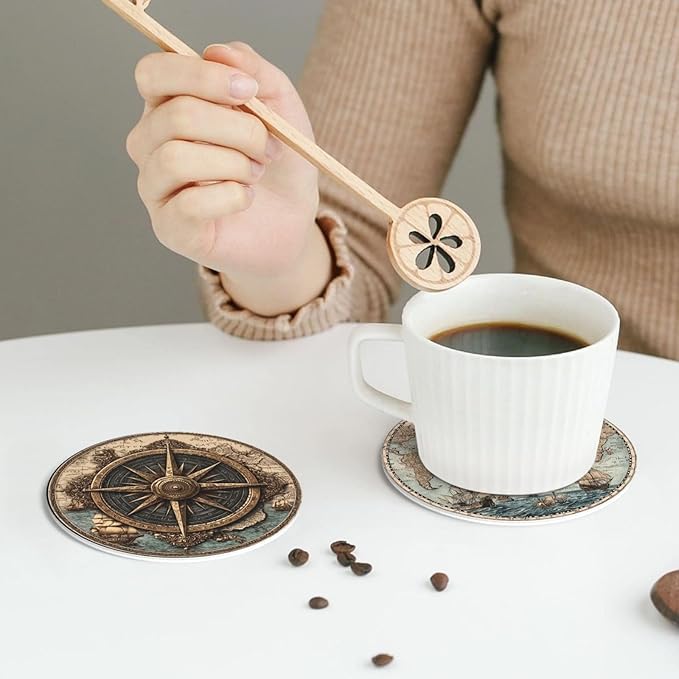 Nautical Compass Coasters for Drinks with Holder Round Leather Coasters Set of 6 Cups Mugs Mat Pad for Home Kitchen Bar