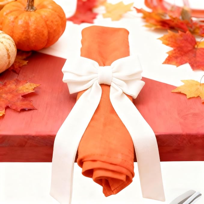 White Velvet Bow Napkin Rings Set of 6 Luxury Soft Velvet Napkin Holders, Elegant Bow Design for Christmas Holiday Dinner Wedding Party Table Decor