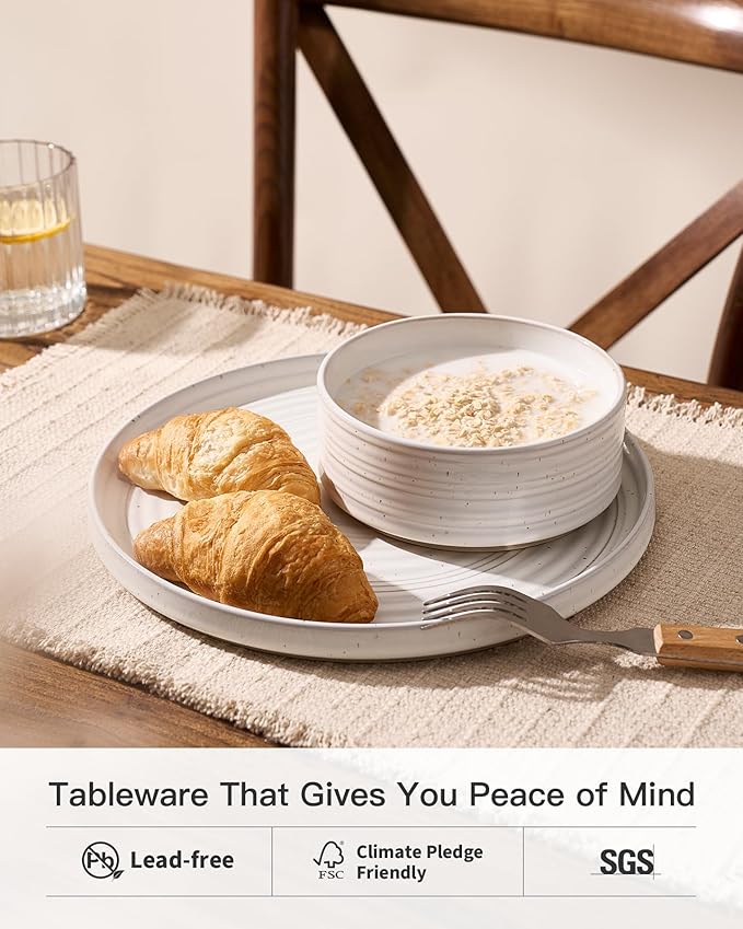Stoneware Dinnerware Sets, Plate and Bowl Sets for 4, 12 Pieces Spiral Straight Dishware with Speckles and Reactive Glaze, Microwave Dishwasher Safe Family Tableware, White