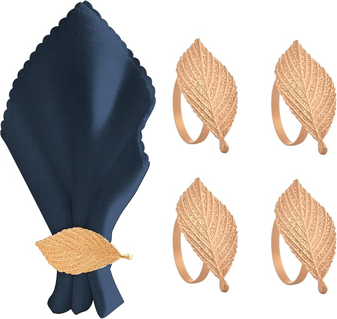 Decozen Set of 12 Gold Napkin Rings in Leaf Design, Festive, Table Decor Setting for Holiday, Wedding, Birthday, Kitchen, Home Decor, Housewarming Gift - Mothers Day Decorations