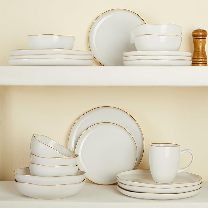 18 Piece White Reactive Glaze Dinnerware Set for 6, Irregular Coastal Shape Stoneware | Elegant & Minimal Design for Daily Family Dinners or Weekend Guests