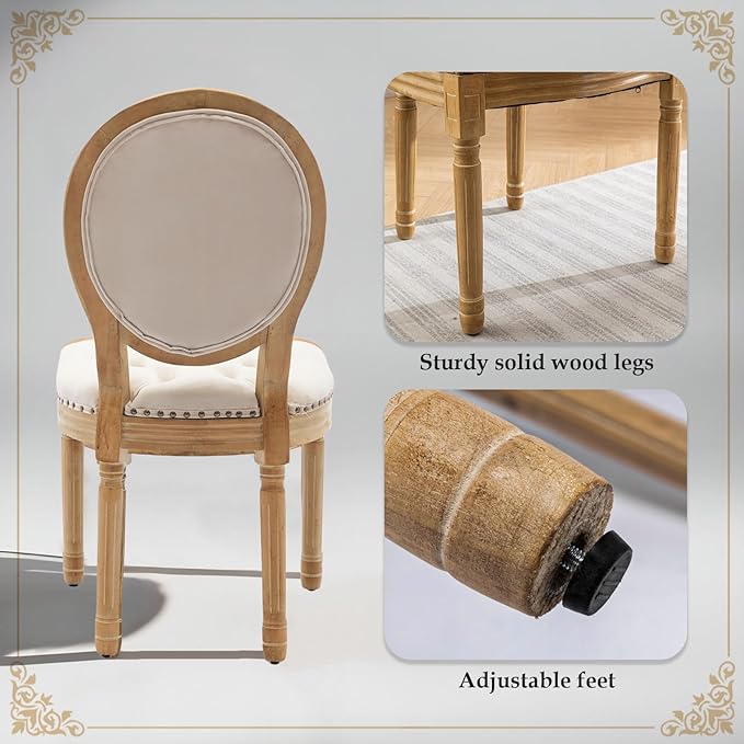 SoarFlash French Velvet Dining Chairs Set of 6, Vantage Dining Chair with Round Back, Wood Leg Farmhouse Country Dining Chair for Kitchen,Bedroom,Beige